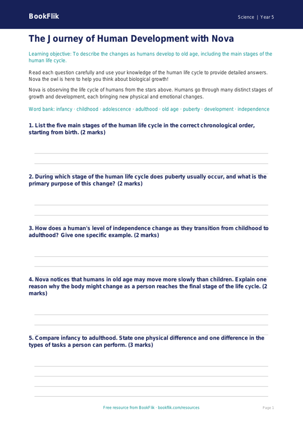 Free Animals Including Humans Worksheet | Year 5 Core | BookFlik worksheet preview — Science Animals Including Humans