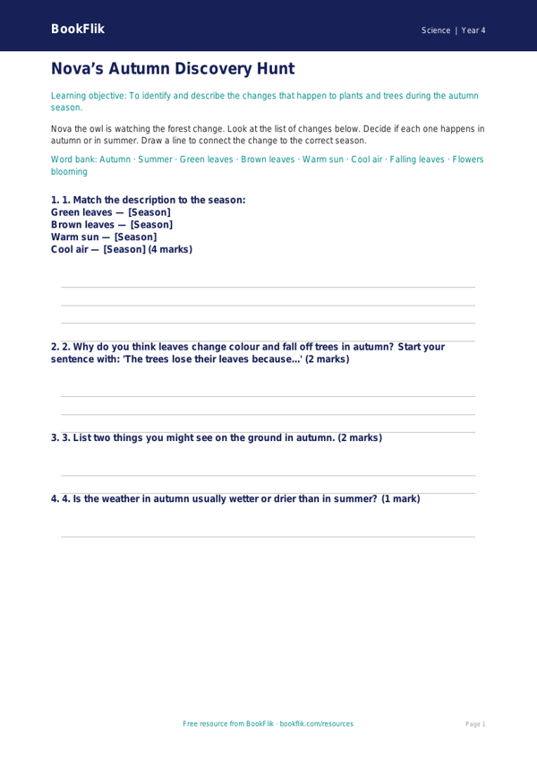 Free Autumn Science Activity Sheet | Year 4 Supported | BookFlik worksheet preview — Science Autumn Science