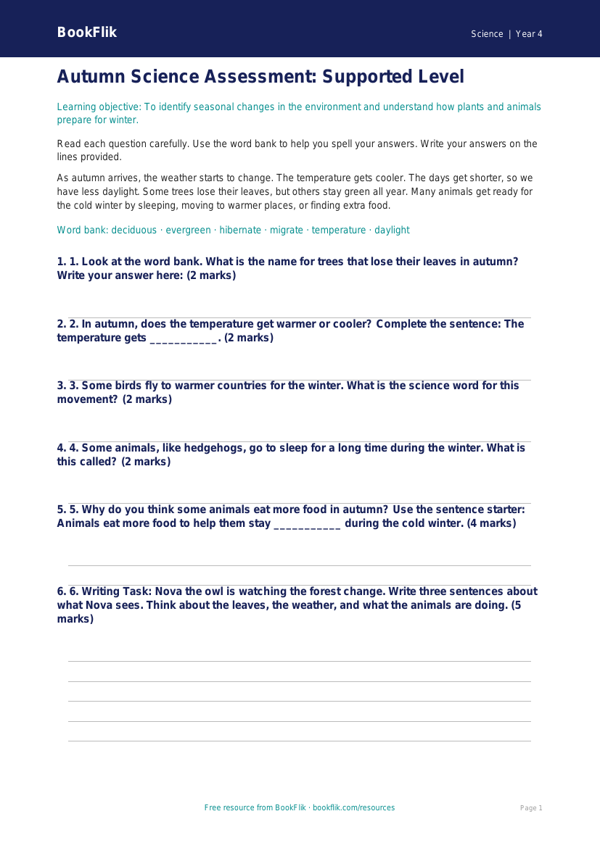Free Autumn Science Assessment | Year 4 Supported | BookFlik worksheet preview — Science Autumn Science