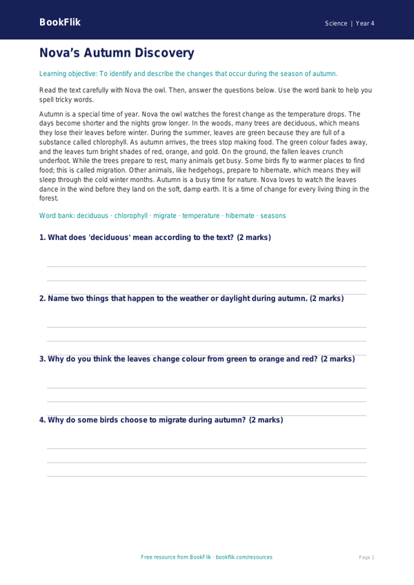 Free Autumn Science Comprehension | Year 4 Supported | BookFlik worksheet preview — Science Autumn Science