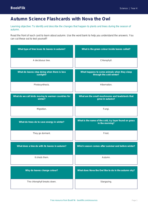 Free Autumn Science Flashcards | Year 4 Supported | BookFlik worksheet preview — Science Autumn Science