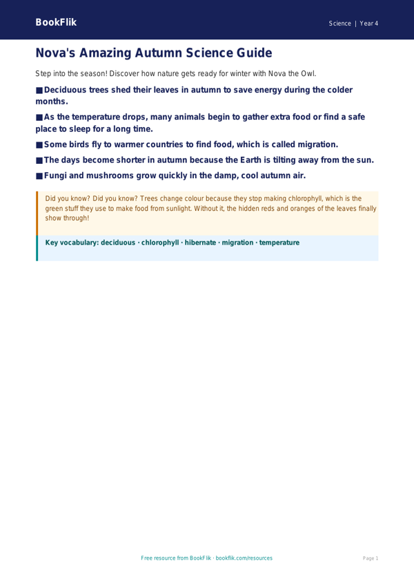 Free Autumn Science Poster | Year 4 Supported | BookFlik worksheet preview — Science Autumn Science