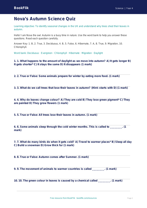 Free Autumn Science Quiz | Year 4 Supported | BookFlik worksheet preview — Science Autumn Science