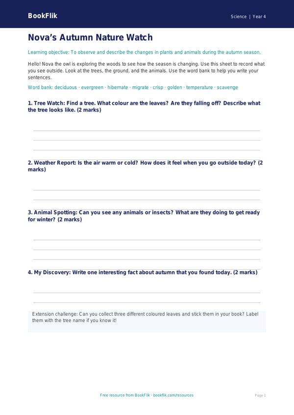 Free Autumn Science Template | Year 4 Supported | BookFlik worksheet preview — Science Autumn Science
