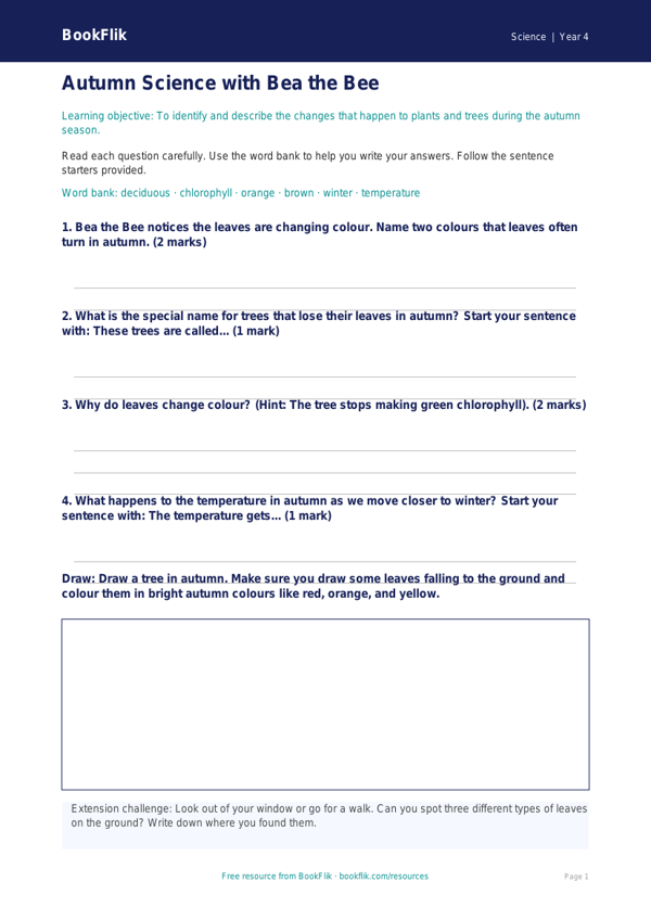 Free Autumn Science Worksheet | Year 4 Supported | BookFlik worksheet preview — Science Autumn Science