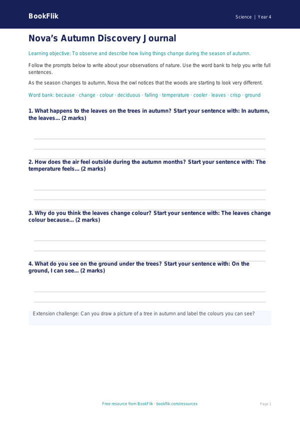 Free Autumn Science Writing Frame | Year 4 Supported | BookFlik worksheet preview — Science Autumn Science
