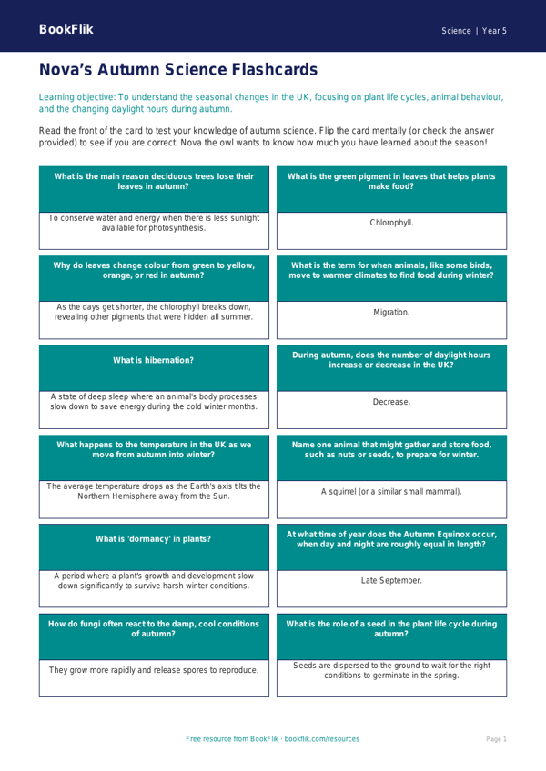 Free Autumn Science Flashcards | Year 5 Core | BookFlik worksheet preview — Science Autumn Science