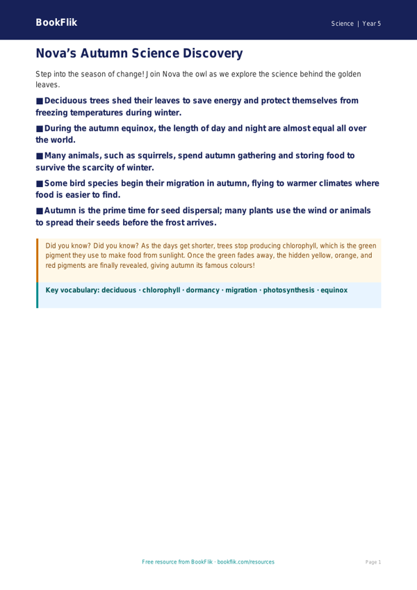 Free Autumn Science Poster | Year 5 Core | BookFlik worksheet preview — Science Autumn Science