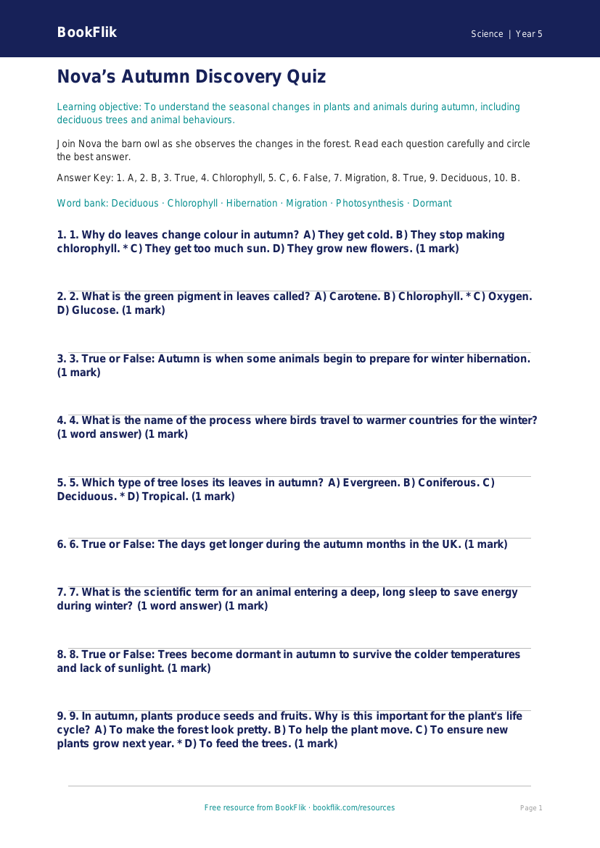 Free Autumn Science Quiz | Year 5 Core | BookFlik worksheet preview — Science Autumn Science