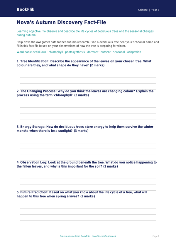 Free Autumn Science Template | Year 5 Core | BookFlik worksheet preview — Science Autumn Science