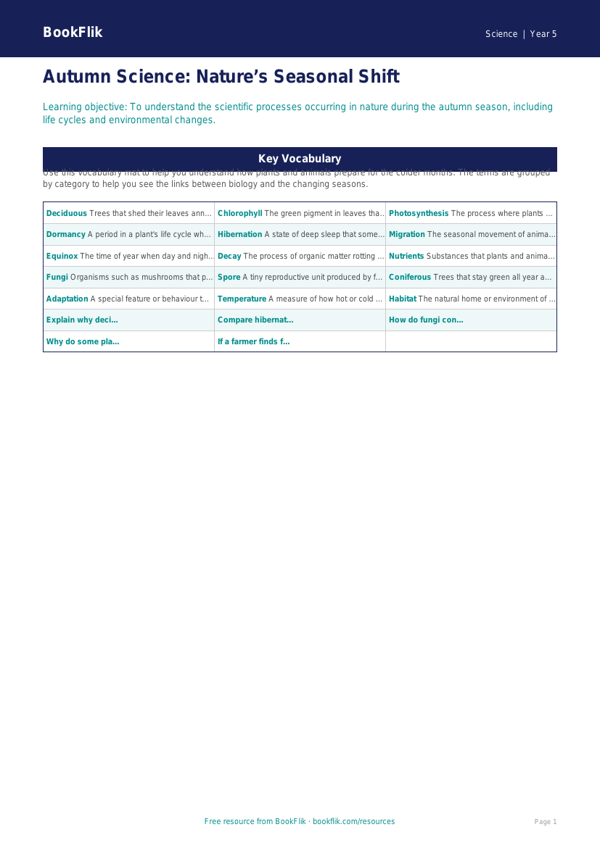 Free Autumn Science Word Mat | Year 5 Core | BookFlik worksheet preview — Science Autumn Science