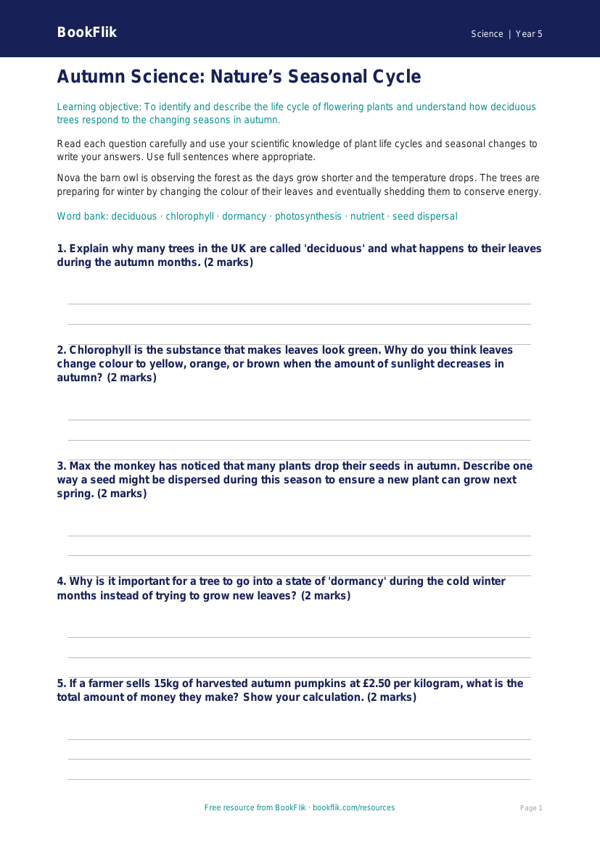 Free Autumn Science Worksheet | Year 5 Core | BookFlik worksheet preview — Science Autumn Science