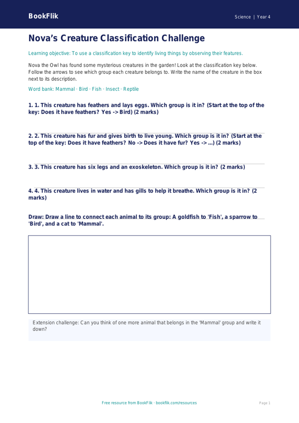 Free Classification Keys Activity Sheet | Year 4 Supported | BookFlik worksheet preview — Science Classification Keys
