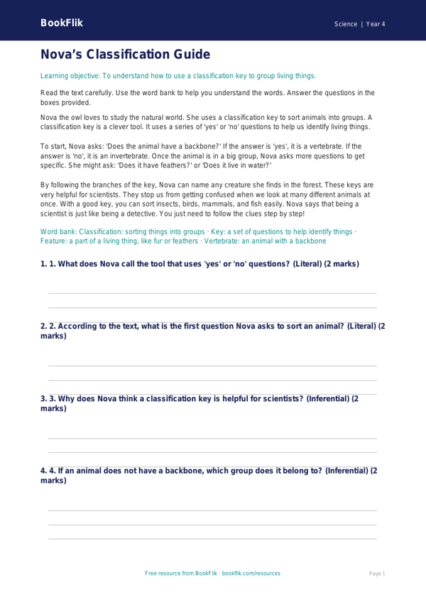 Free Classification Keys Comprehension | Year 4 Supported | BookFlik worksheet preview — Science Classification Keys