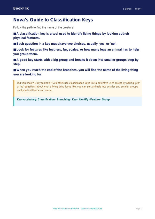 Free Classification Keys Poster | Year 4 Supported | BookFlik worksheet preview — Science Classification Keys