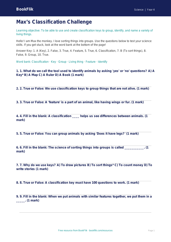 Free Classification Keys Quiz | Year 4 Supported | BookFlik worksheet preview — Science Classification Keys