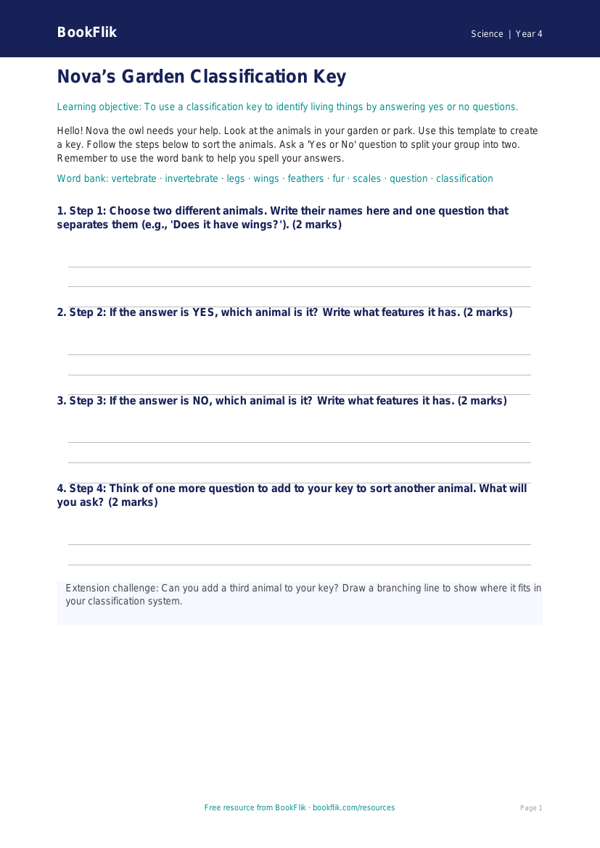 Free Classification Keys Template | Year 4 Supported | BookFlik worksheet preview — Science Classification Keys
