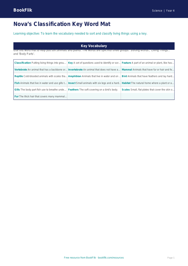 Free Classification Keys Word Mat | Year 4 Supported | BookFlik worksheet preview — Science Classification Keys