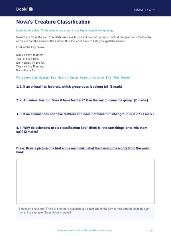 Free Classification Keys Worksheet | Year 4 Supported | BookFlik worksheet preview — Science Classification Keys