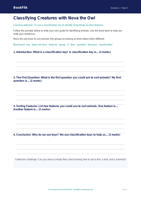 Free Classification Keys Writing Frame | Year 4 Supported | BookFlik worksheet preview — Science Classification Keys