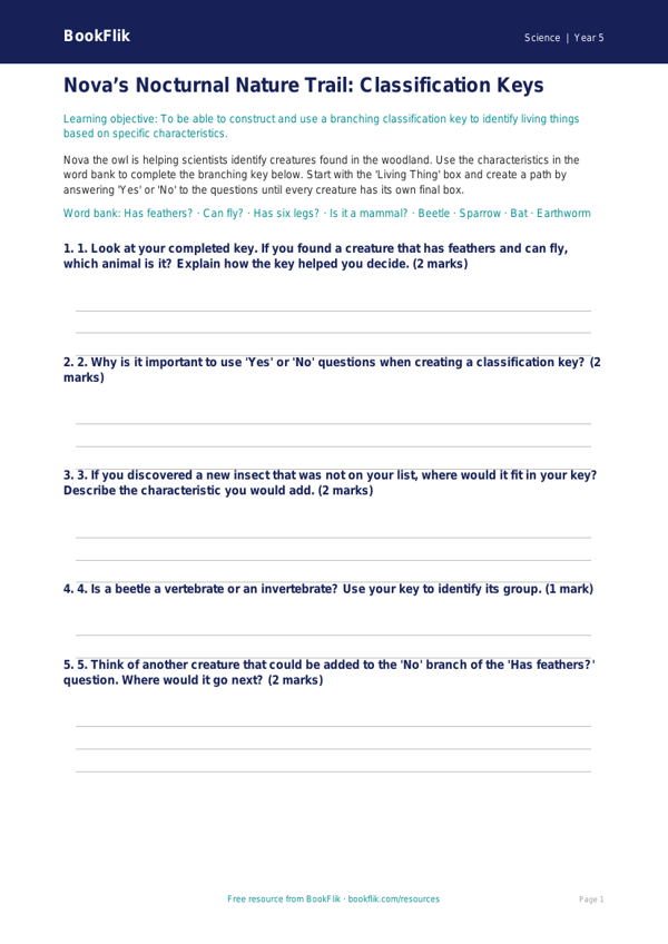Free Classification Keys Activity Sheet | Year 5 Science | BookFlik worksheet preview — Science Classification Keys