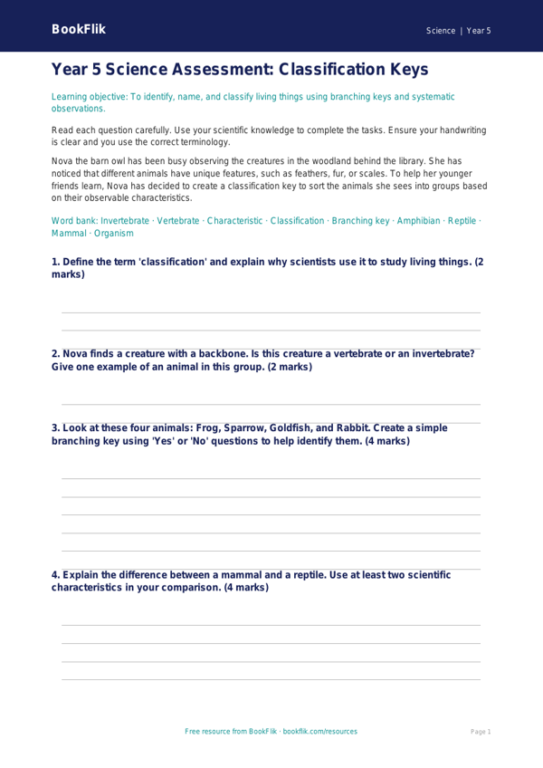 Free Classification Keys Assessment | Year 5 Core | BookFlik worksheet preview — Science Classification Keys