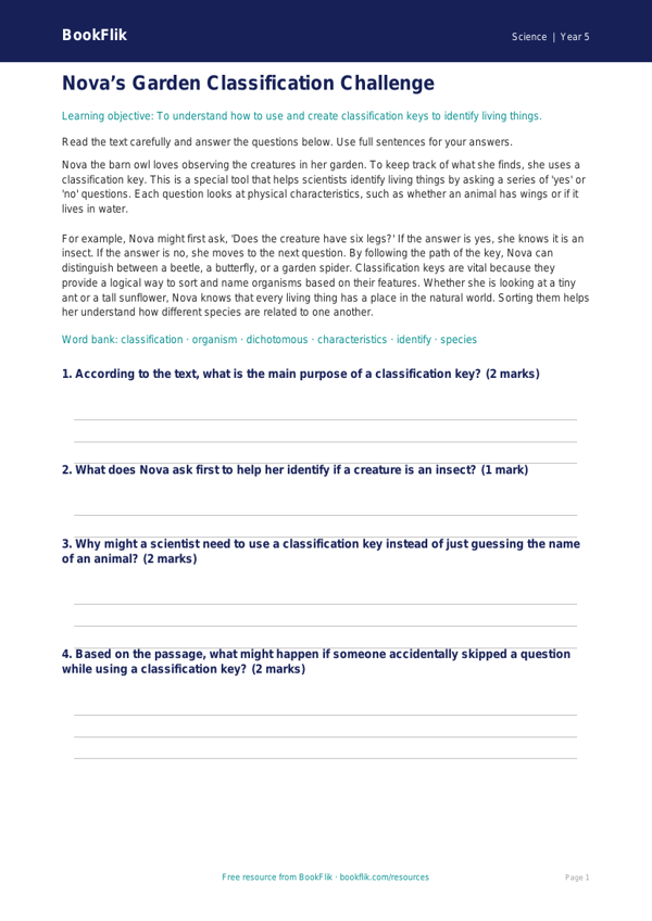 Free Classification Keys Comprehension | Year 5 Science | BookFlik worksheet preview — Science Classification Keys