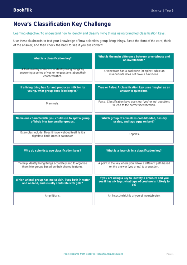 Free Classification Keys Flashcards | Year 5 Science | BookFlik worksheet preview — Science Classification Keys
