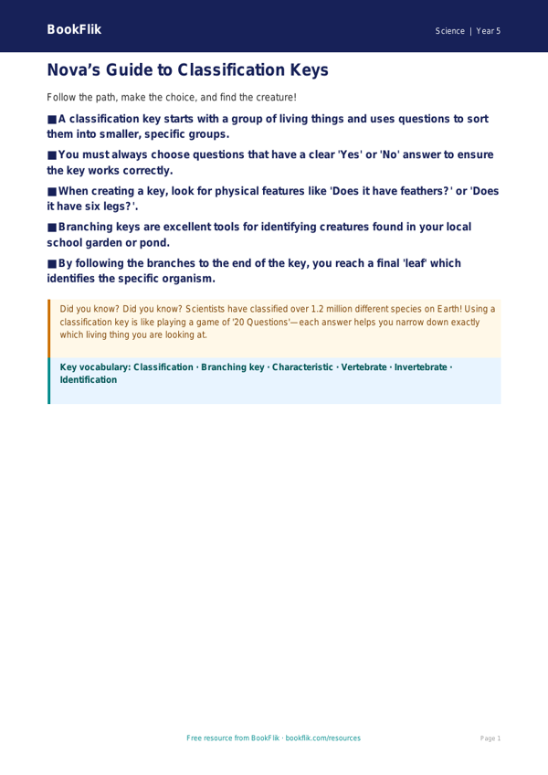 Free Classification Keys Poster | Year 5 Science | BookFlik worksheet preview — Science Classification Keys