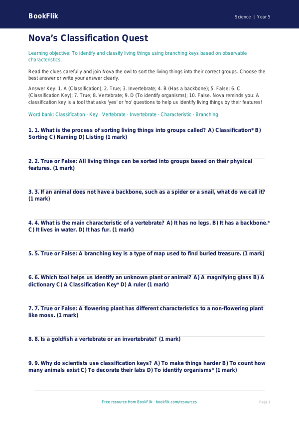Free Classification Keys Quiz | Year 5 Science Worksheet | BookFlik worksheet preview — Science Classification Keys