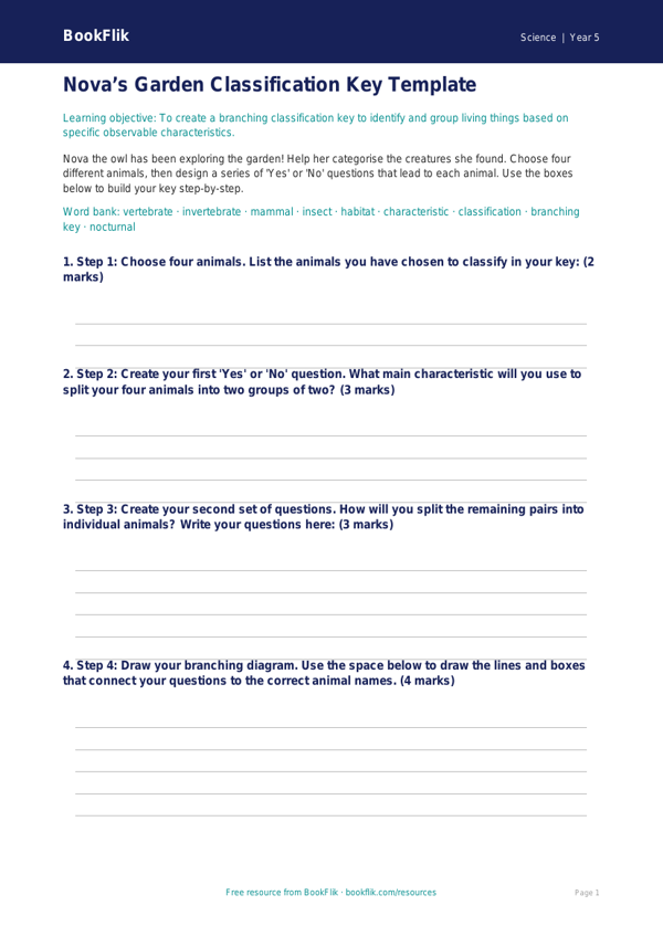 Free Classification Keys Template | Year 5 Science | BookFlik worksheet preview — Science Classification Keys
