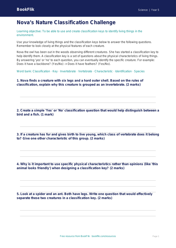 Free Classification Keys Worksheet | Year 5 Science | BookFlik worksheet preview — Science Classification Keys