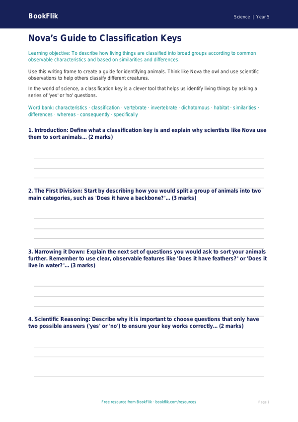 Free Classification Keys Writing Frame | Year 5 Core | BookFlik worksheet preview — Science Classification Keys