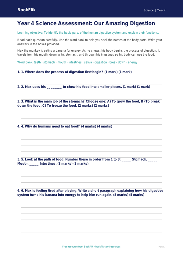 Free Digestion Assessment | Year 4 Supported | BookFlik worksheet preview — Science Digestion
