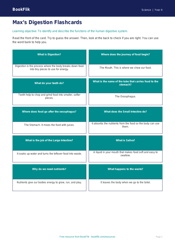 Free Digestion Flashcards | Year 4 Supported | BookFlik worksheet preview — Science Digestion