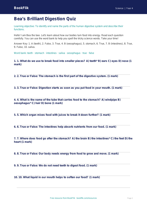 Free Digestion Quiz | Year 4 Supported | BookFlik worksheet preview — Science Digestion