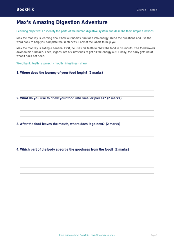 Free Digestion Worksheet | Year 4 Supported | BookFlik worksheet preview — Science Digestion
