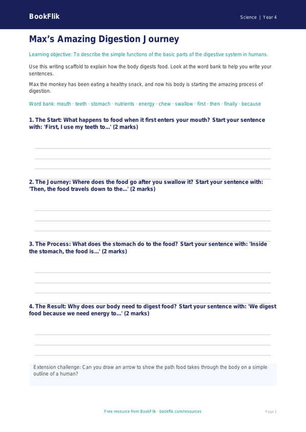 Free Digestion Writing Frame | Year 4 Supported | BookFlik worksheet preview — Science Digestion