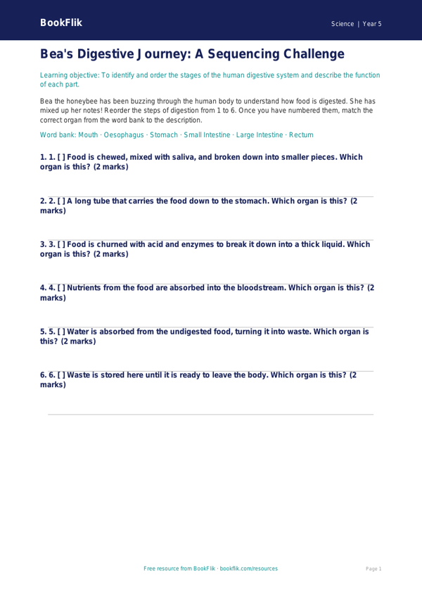 Free Digestion Activity Sheet | Year 5 Core | BookFlik worksheet preview — Science Digestion