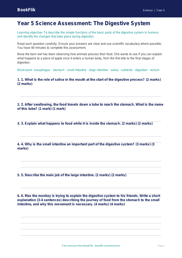 Free Digestion Assessment | Year 5 Core | BookFlik worksheet preview — Science Digestion
