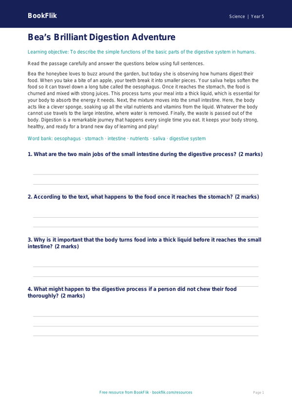 Free Digestion Comprehension | Year 5 Core | BookFlik worksheet preview — Science Digestion