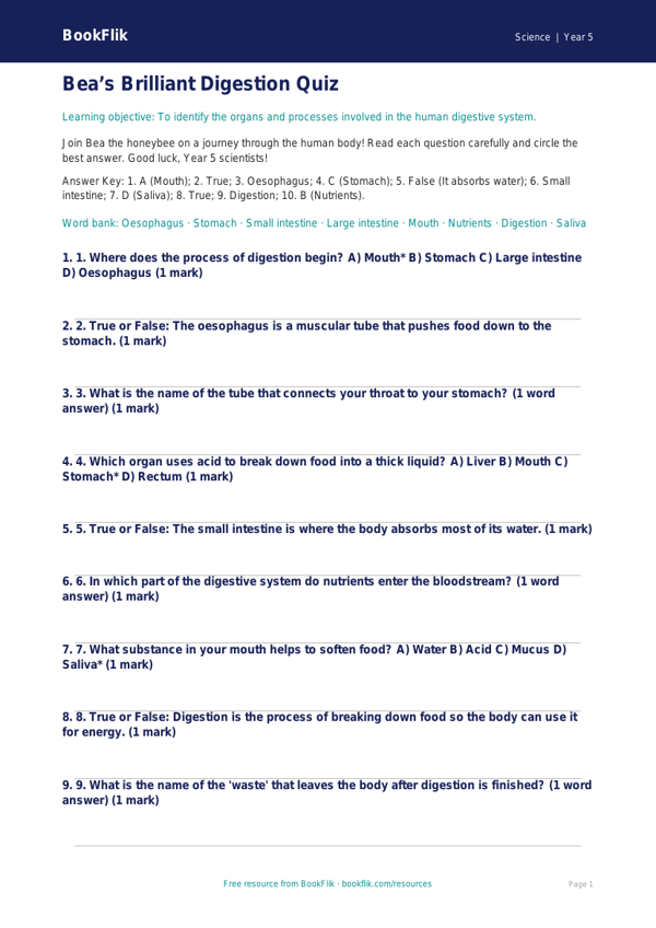 Free Digestion Quiz | Year 5 Core | BookFlik worksheet preview — Science Digestion