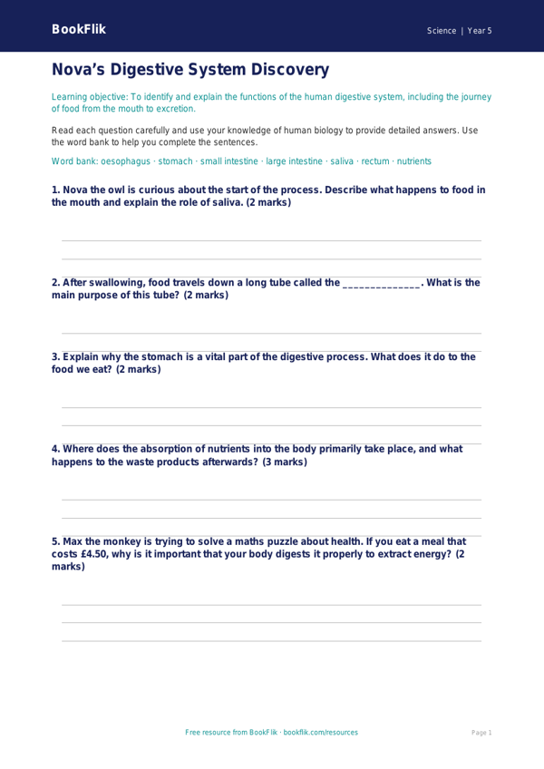 Free Digestion Worksheet | Year 5 Science | BookFlik worksheet preview — Science Digestion