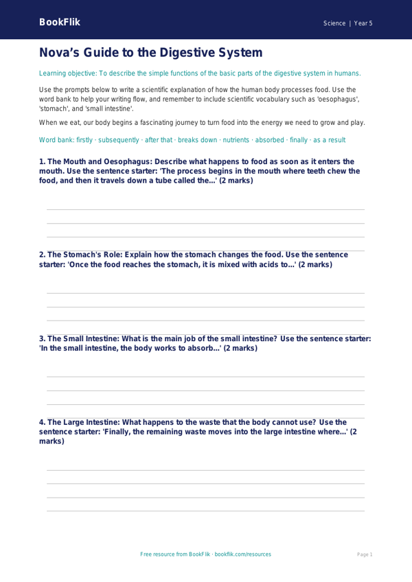 Free Digestion Writing Frame | Year 5 Core | BookFlik worksheet preview — Science Digestion