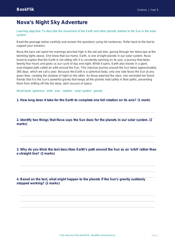 Free Earth And Space Comprehension | Year 5 Core | BookFlik worksheet preview — Science Earth And Space