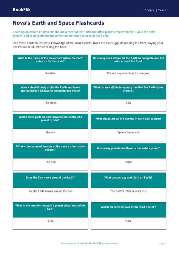 Free Earth And Space Flashcards | Year 5 Core | BookFlik worksheet preview — Science Earth And Space