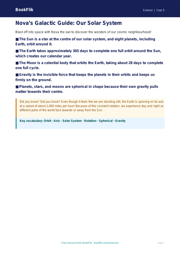 Free Earth And Space Poster | Year 5 Core | BookFlik worksheet preview — Science Earth And Space
