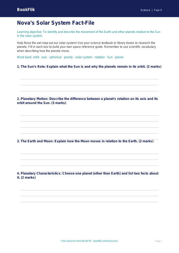 Free Earth And Space Template | Year 5 Core | BookFlik worksheet preview — Science Earth And Space