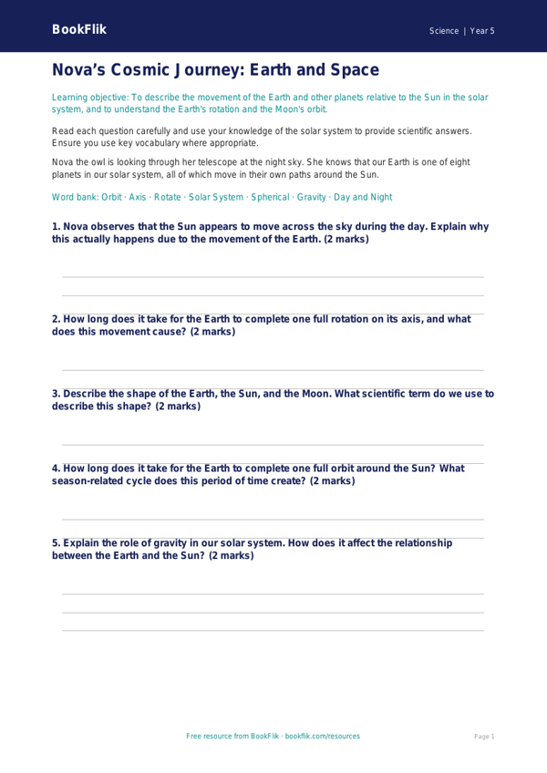 Free Earth And Space Worksheet | Year 5 Core | BookFlik worksheet preview — Science Earth And Space