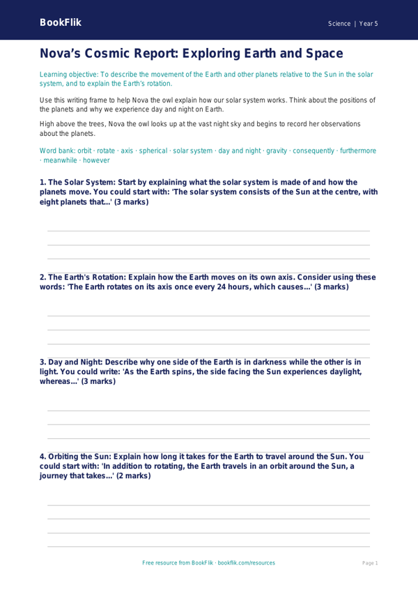 Free Earth And Space Writing Frame | Year 5 Core | BookFlik worksheet preview — Science Earth And Space